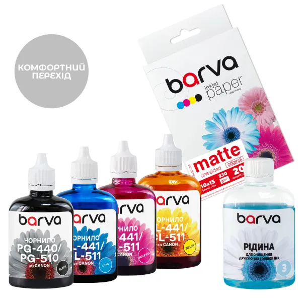 Комплект чорнил сумісних "Комфортний перехід" для Canon PG-510/CL-511 спеціальні 4х90 г + фотопапір 10х15 20 л + рідина 90 г Barva (CPGI520-CMP)