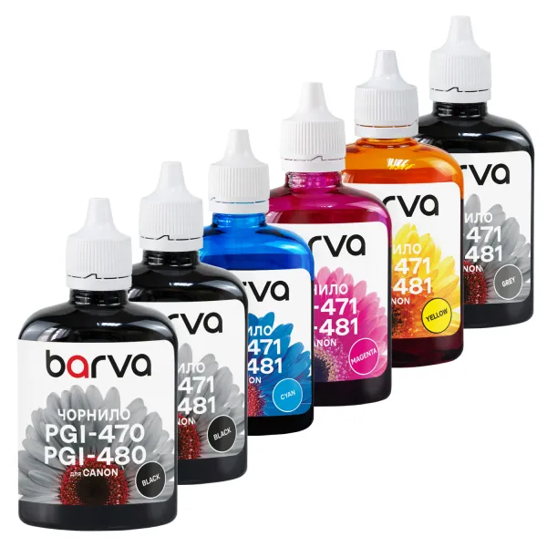Комплект чорнил сумісних для Canon PGI-470PGBK + CLI-471BK/C/M/Y/GY спеціальні 6x90 г, пігментне/водорозчинні, PGBK/BK/C/M/Y/GY Barva (CPGI470-090-2MP) - Фото 1 