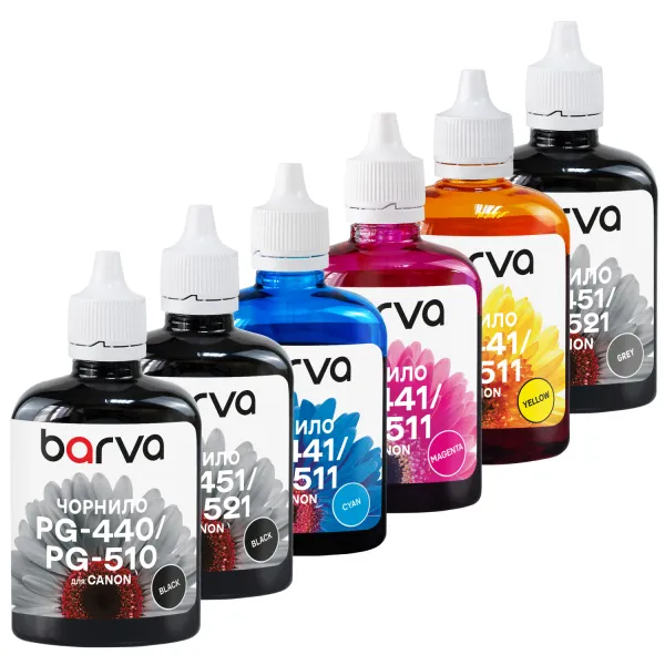 Комплект чорнил сумісних для Canon PGI-520PGBK + CLI-521BK/C/M/Y/GY спеціальні 6x90 г, пігментне/водорозчинні, PGBK/BK/C/M/Y/GY Barva (CPGI520-6-090-MP) - Фото 1 