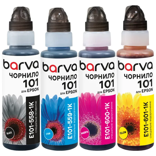 Комплект чорнил сумісних для Epson 101 спеціальні 4х100 мл, флакон OneKey (1K), пігментне/водорозчинні, BK/C/M/Y Barva (E101-1K-MP)