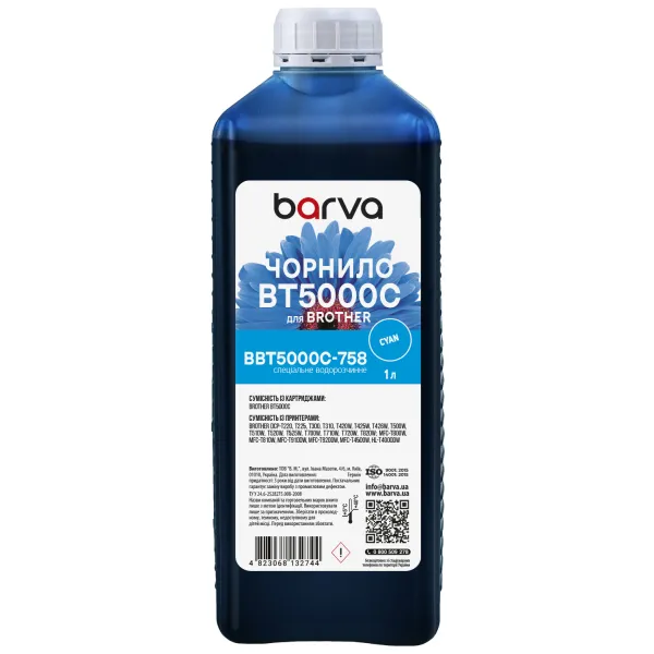 Чорнило для Brother BT5000C спеціальне 1 л, водорозчинне, блакитне Barva (BBT5000C-758)
