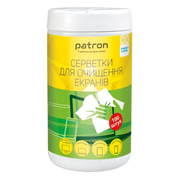 Серветки для очищення екранів, туба 100 шт Patron (F3-027)