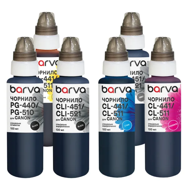 Комплект чорнил для Canon PGI-450PGBK + CLI-451BK/C/M/Y/GY спеціальні 6x100 мл, пігментне/водорозчинні, PGBK/BK/C/M/Y/GY Barva (CPGI450-100-2MP)