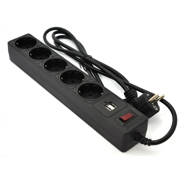 Фільтр мережевий 5 розеток + 2 x USB 2.0 2.1A, 1,8 м, чорний Patron (SP-52-USB)