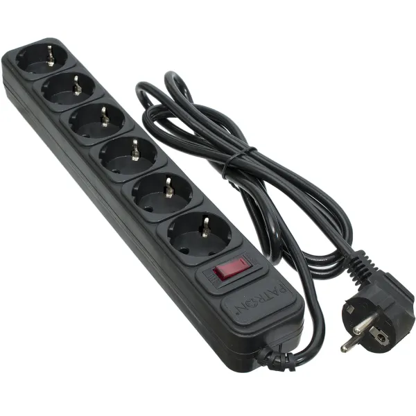 Фільтр мережевий 6 розеток, 1,8 м, чорний, 3*1мм2 Patron (SP-1062)