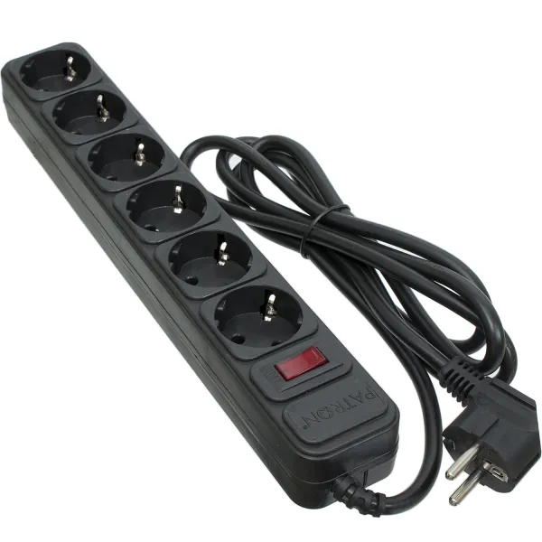 Фільтр мережевий 6 розеток, 1,8 м, чорний, 3*1,5мм2 Patron (SP-1662)