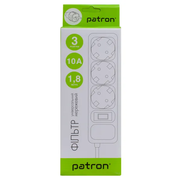 Фільтр мережевий 3 розетки, 1,8 м, 10 А, 250 В, 3*1мм2, чорний Patron (SP-1032) - Фото 2