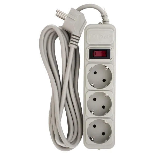 Фільтр мережевий 3 розетки, 3 м, 10 А, 250 В, 3*1мм2, сірий Patron (SP-1033-GR)