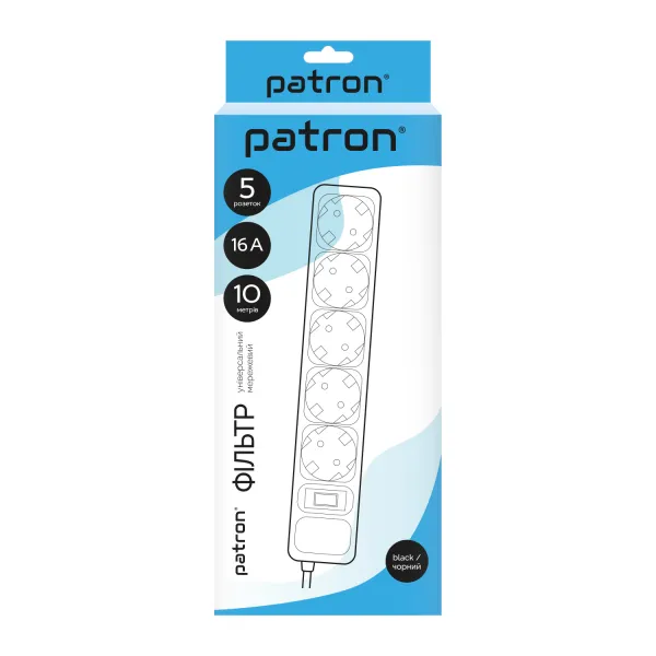 Фильтр сетевой 5 розеток, 10 м, черный, 3*1,5мм2 Patron (SP-16510) - Фото 2