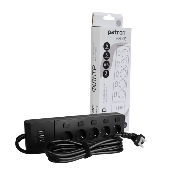 Фільтр мережевий 5 розеток + 3 х USB, 3 м, 16 А, 250 В, чорний Patron Power (SP1653-USB)