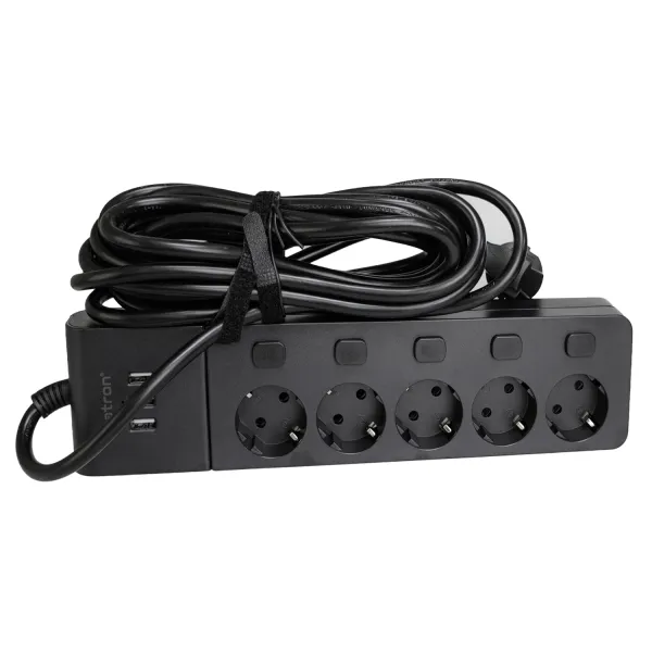Фільтр мережевий 5 розеток + 3 х USB, 5 м, 16 А, 250 В, чорний Patron Power (SP1655-USB) - Фото 2